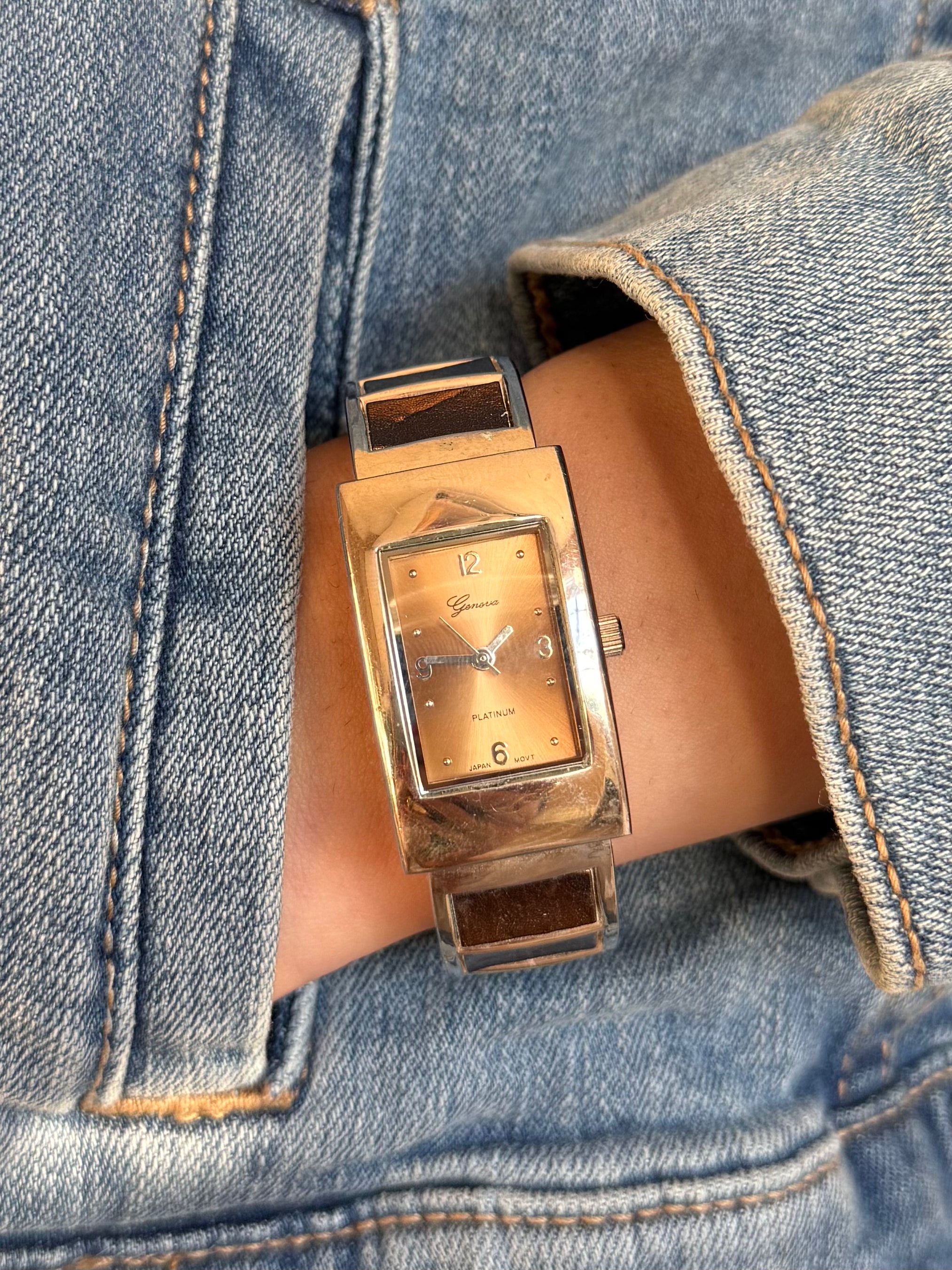 Geneva Platinum Brown and Silver Cuff Watch