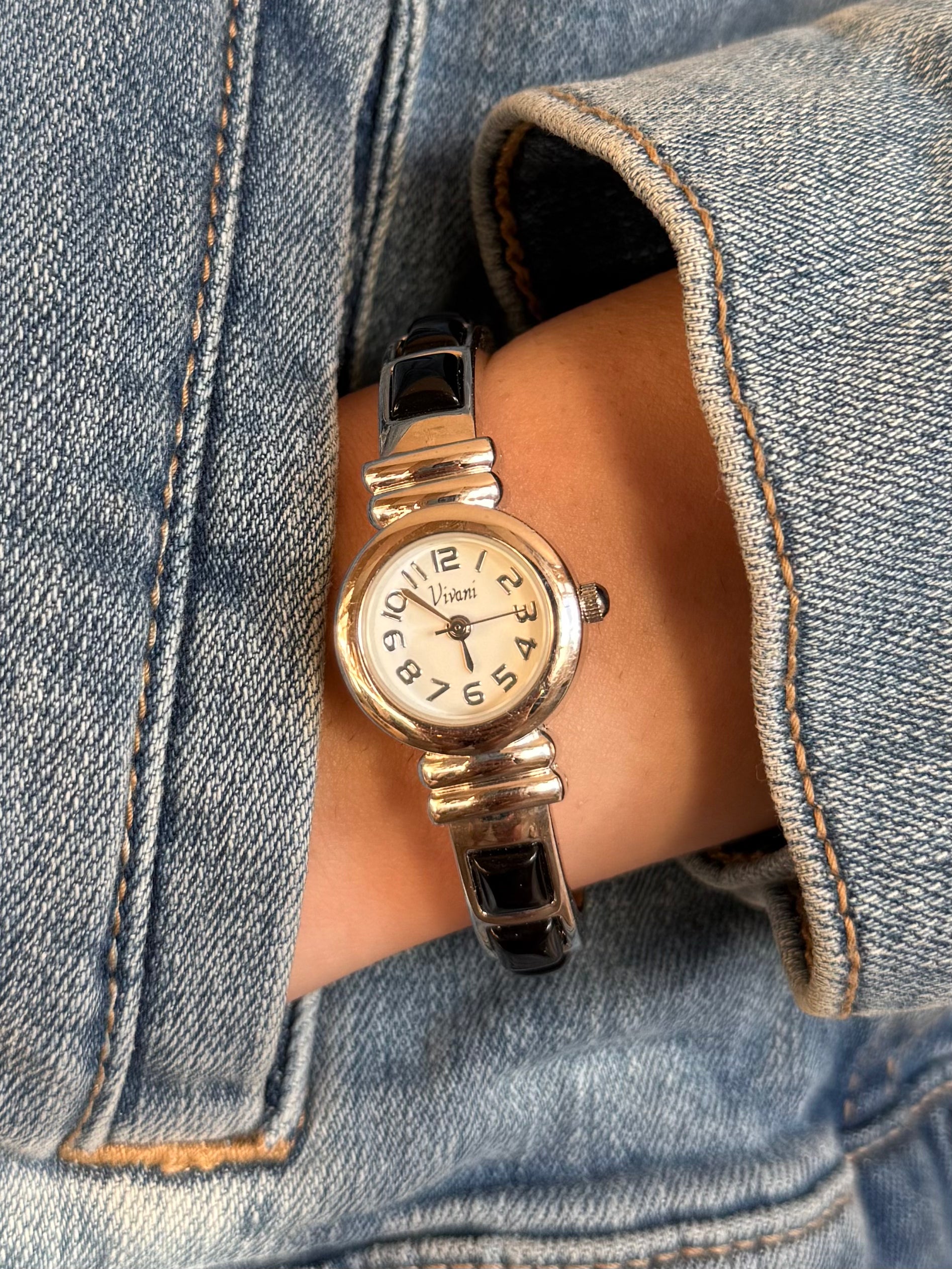 Vivani Black Gem and Silver Cuff Watch